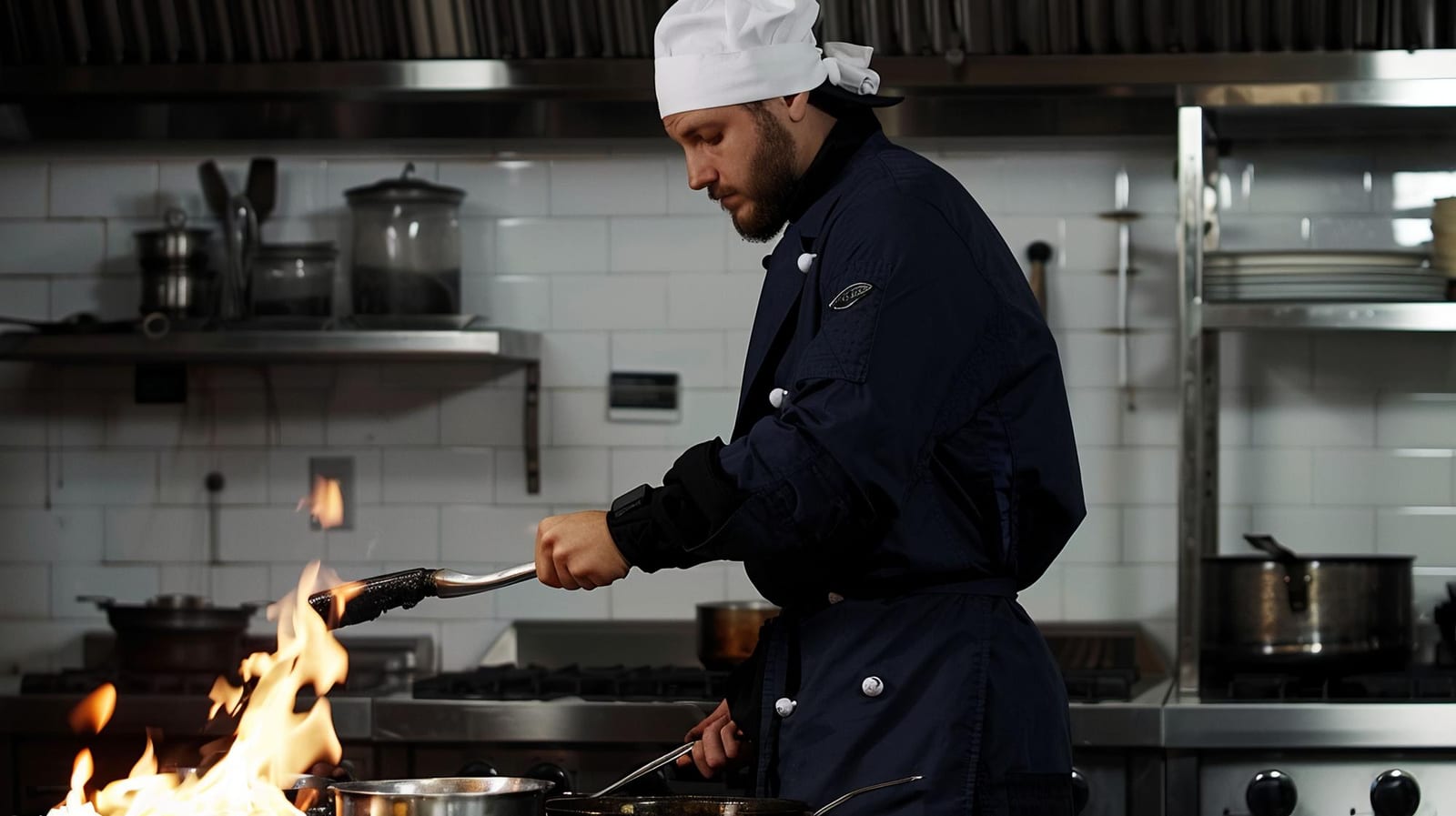 Chef de cozinha trabalhando diante do fogo, com toque de chef